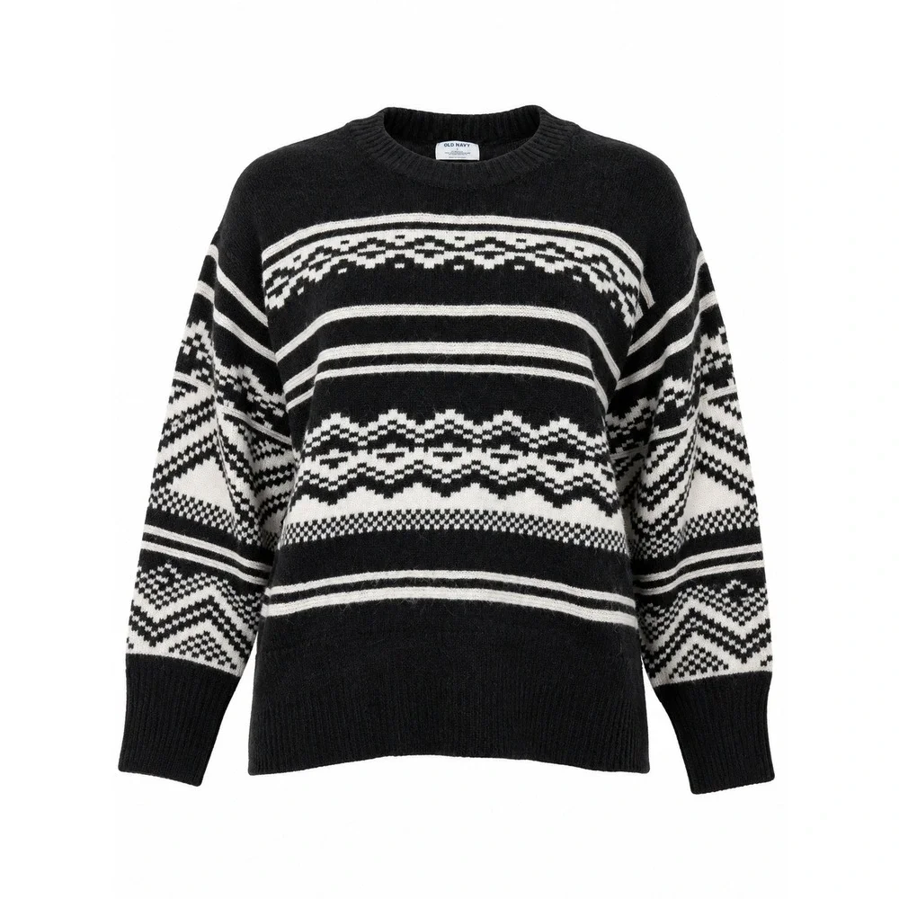 Old Navy‎ Womens Black White Fair Isle Go-Recycled Crewneck Sweater Large Nordic